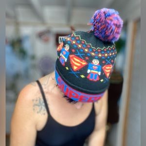 Superman Pom Pom Red Blue Black Winter Hat Beanie